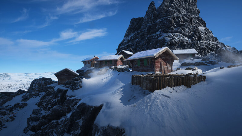 Wooden Cabins in Snow — Blue, Serene, Winter, 3d Render