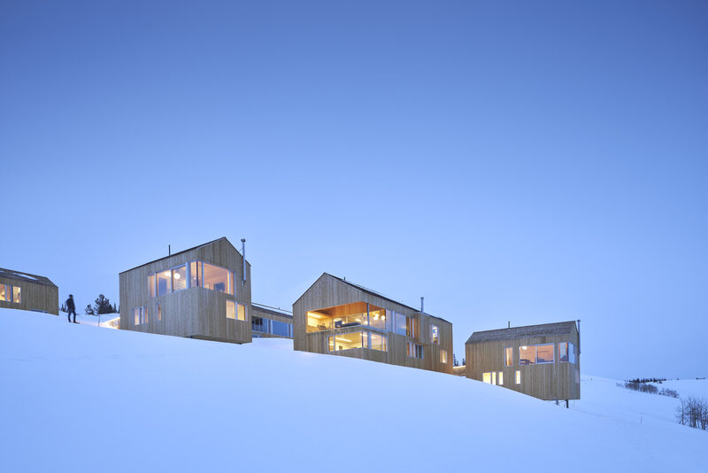 Wooden Cabins in Snow — Blue, Serene, Winter, Photograph, Sky