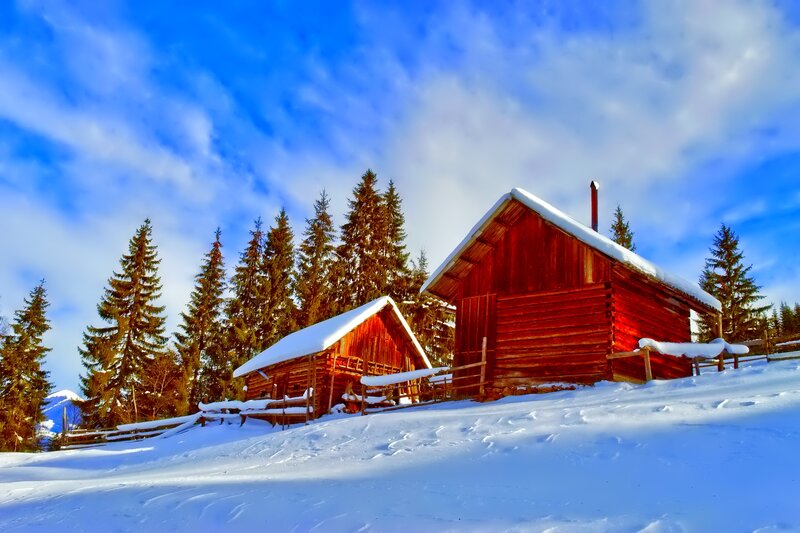 Wooden Cabins in Snow — Blue, Serene, Winter, Photograph