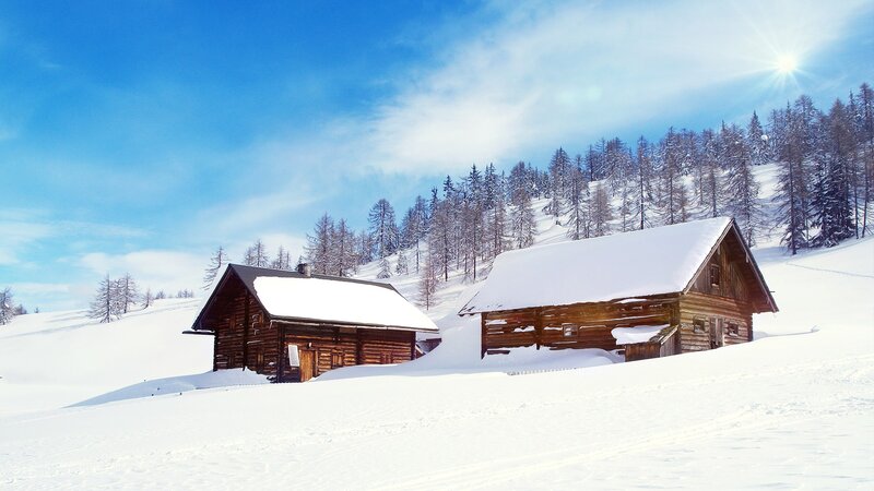 Wooden Cabins in Snow — Blue, Serene, Winter, Photograph, Trees
