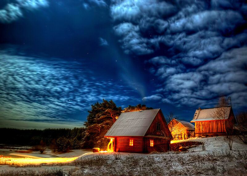 Wooden Cabins in Snow — Blue