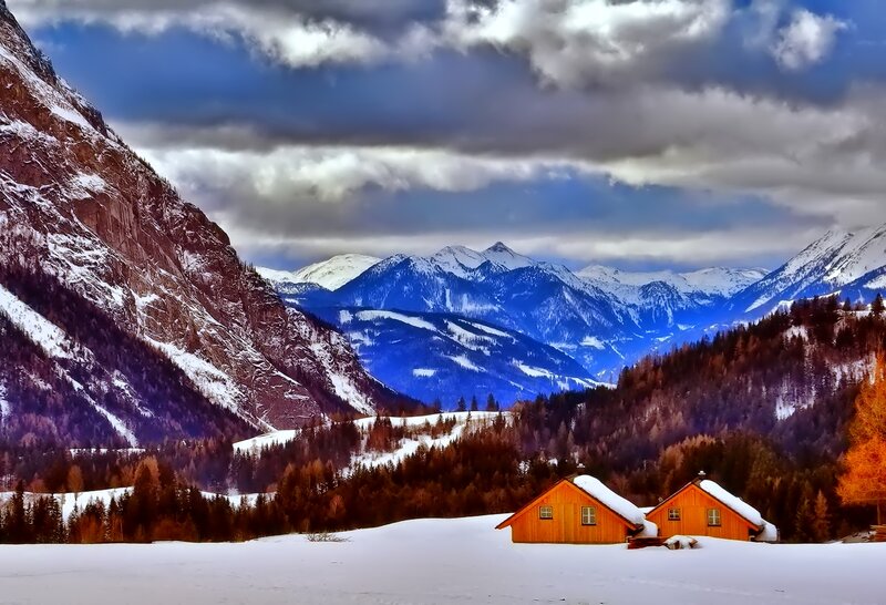 Wooden Cabins in Snow — White, Dramatic, Winter