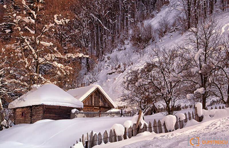 Wooden Cabins in Snow — White, Serene, Winter, Photograph