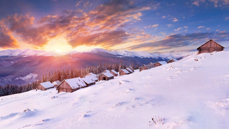 Wooden Cabins in Snow — White, Serene, Winter