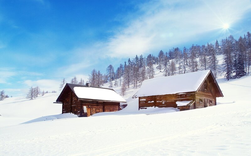 Wooden Cabins in Snow — White