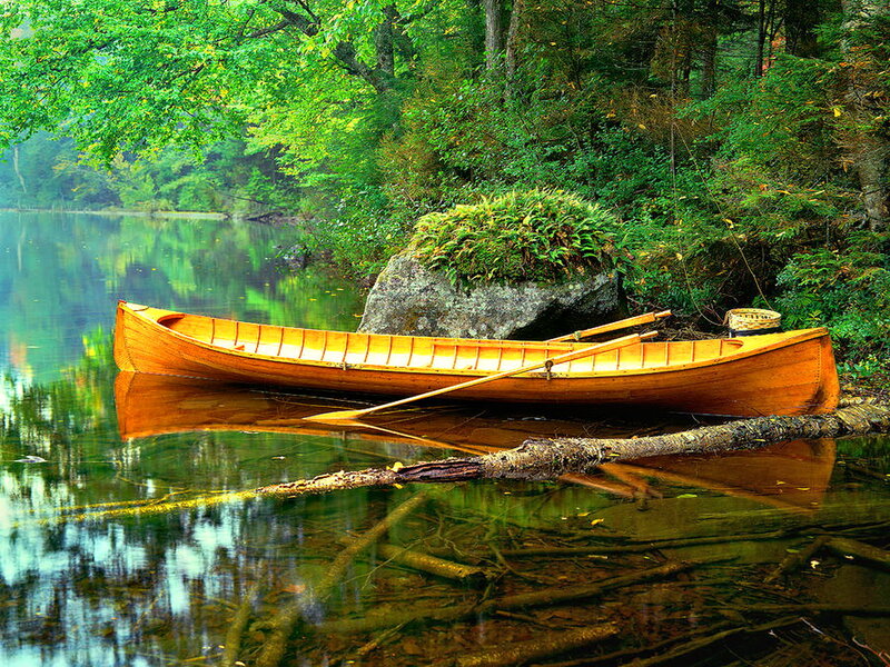 Wooden Canoe on Lake — Green