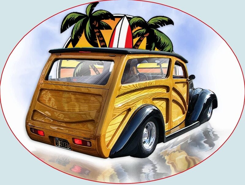 Wooden Car with Surfboard