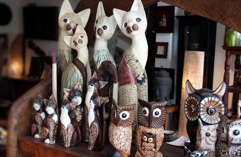 Wooden Cat and Owl Figurines