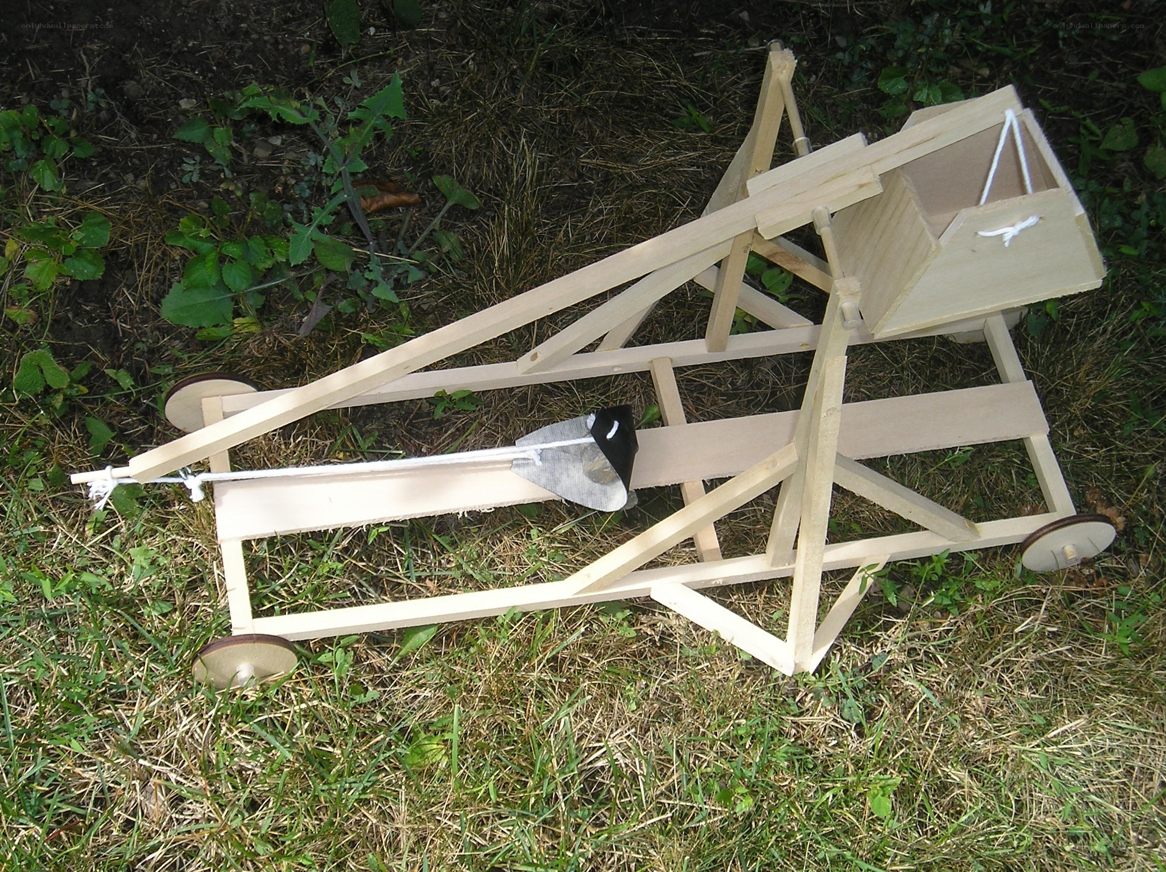 Wooden catapult model on grass