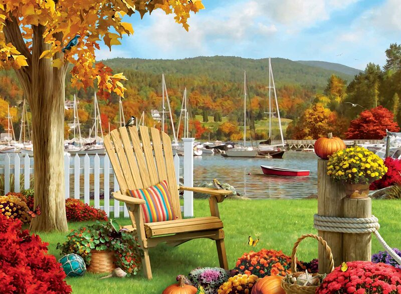 Wooden Chair by Lake — Green, Serene, Autumn