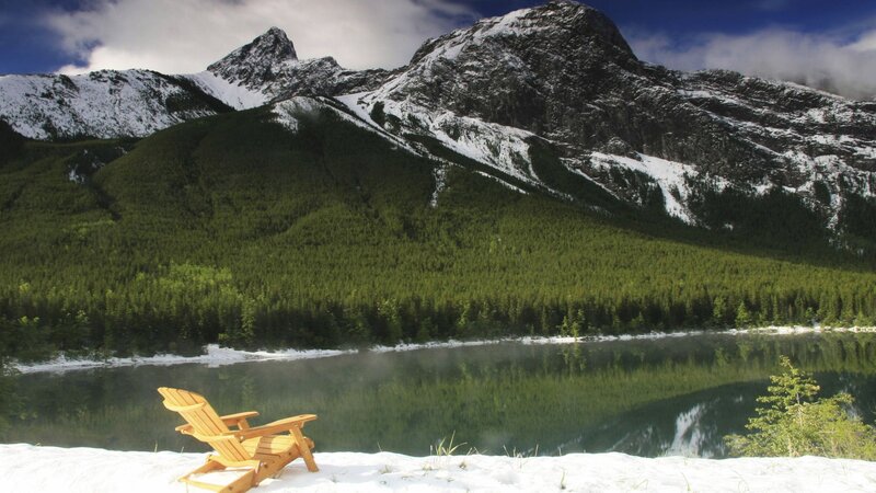 Wooden Chair by Lake — Green, Serene, Winter