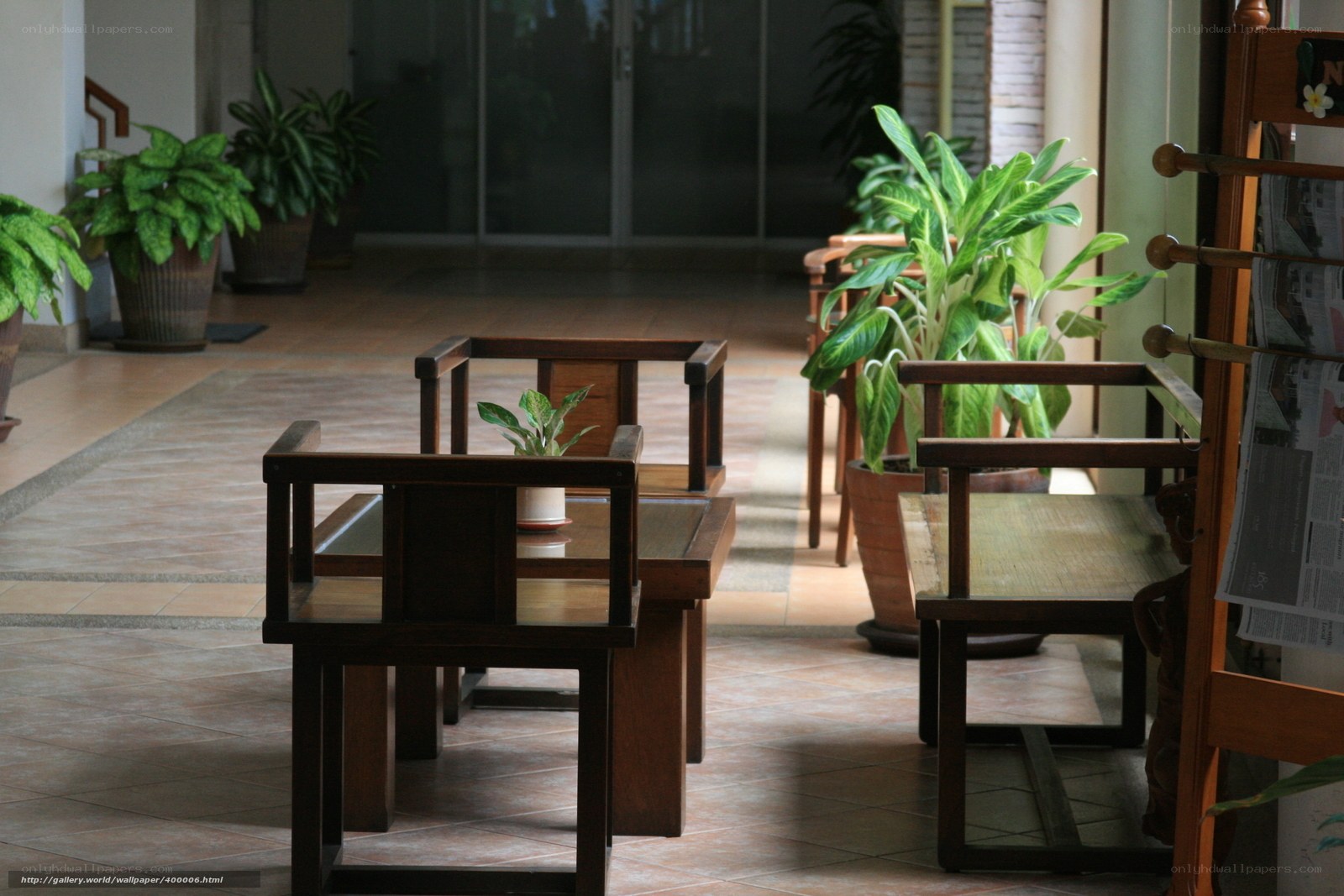 Wooden chairs in a lobby