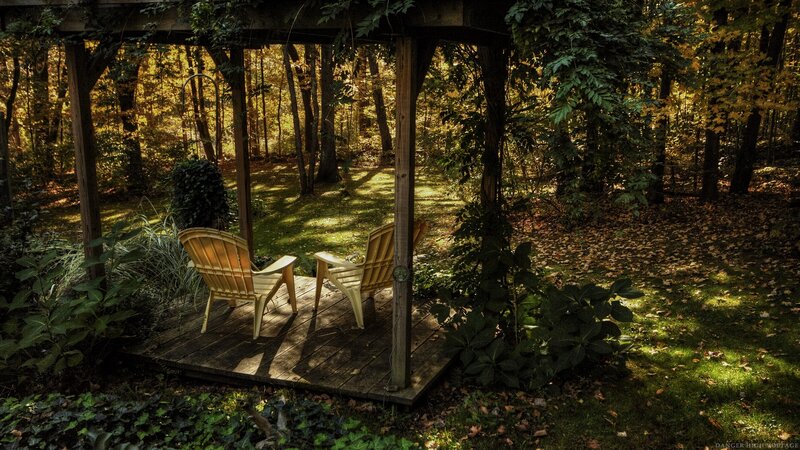 Wooden chairs in forest gazebo