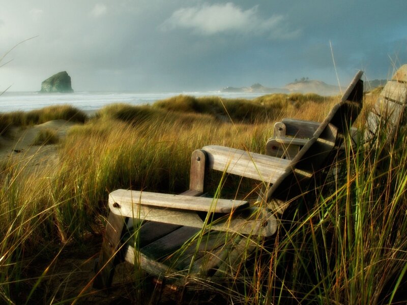 Wooden Chairs on Beach — Green, Serene, Morning, Photograph, Grass