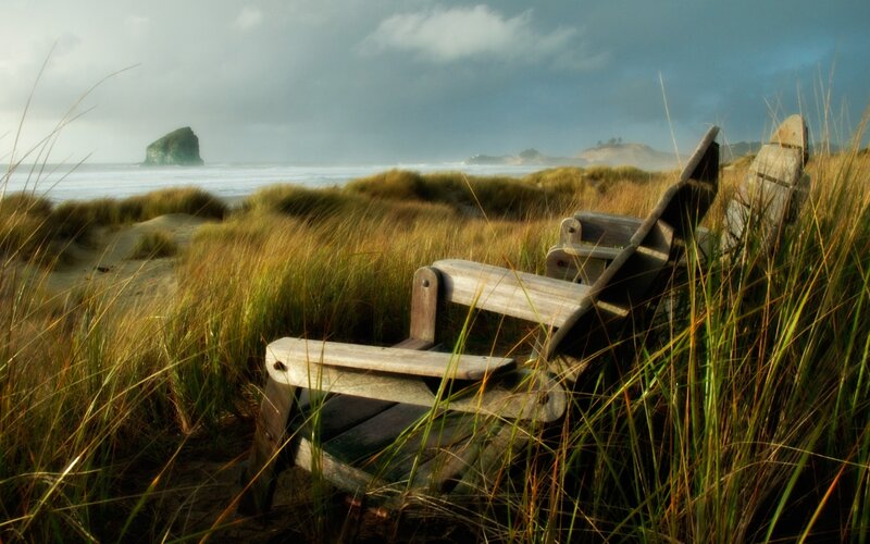 Wooden Chairs on Beach — Green, Serene