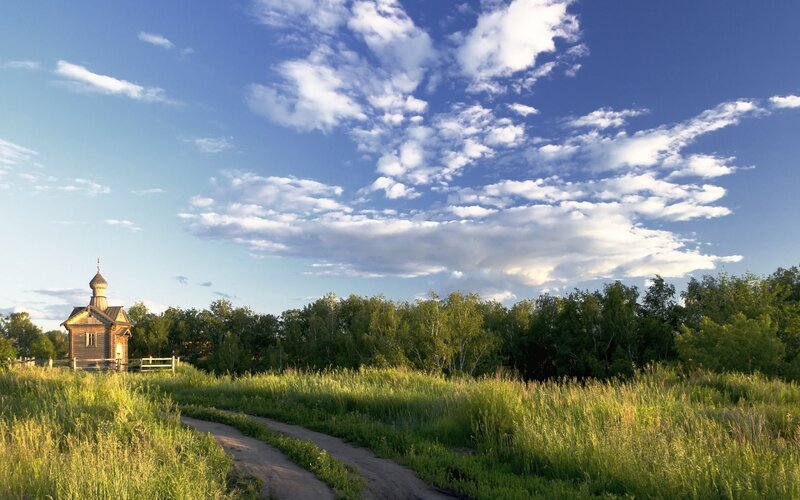 Wooden Chapel in Field — Blue