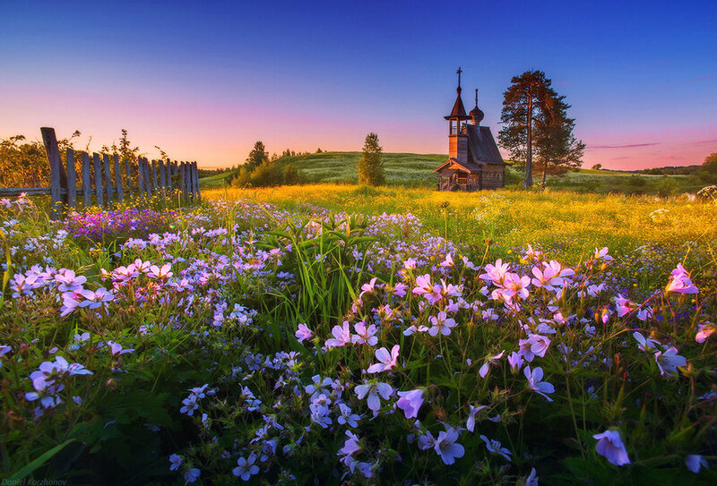 Wooden Chapel in Field — Purple