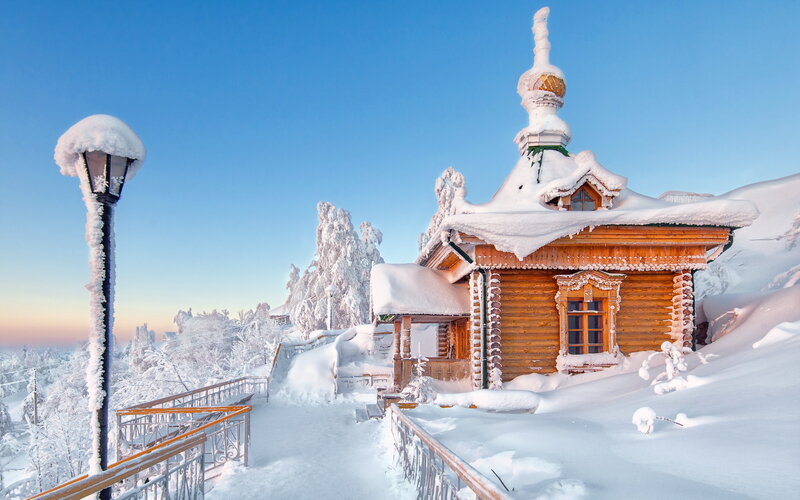 Wooden Chapel in Snow — Blue, Serene