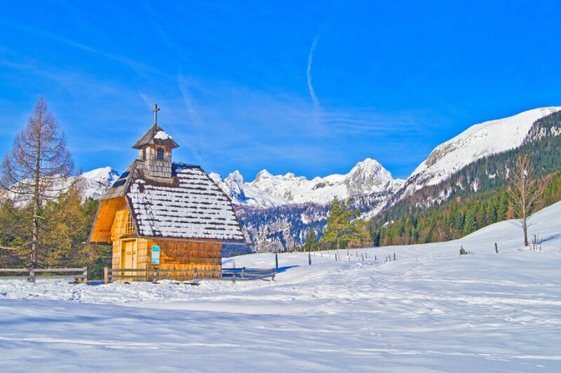 Wooden Chapel in Snow — Blue