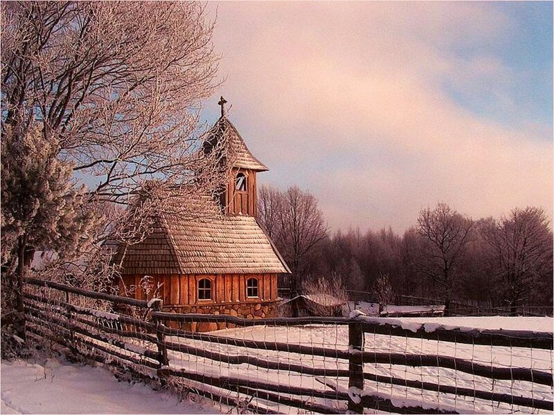 Wooden Chapel in Snow — Brown, Serene, Winter