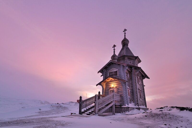 Wooden Chapel in Snow — Purple
