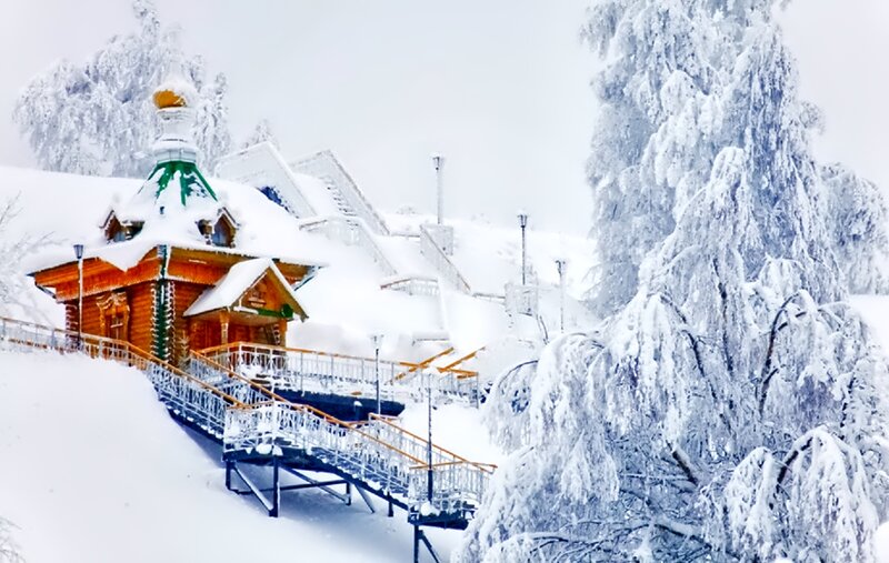 Wooden Chapel in Snow — White, Serene, Winter, Photograph