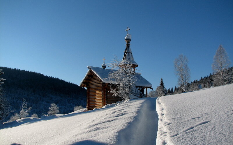 Wooden Chapel in Snow — White, Serene, Winter, Photograph, Trees