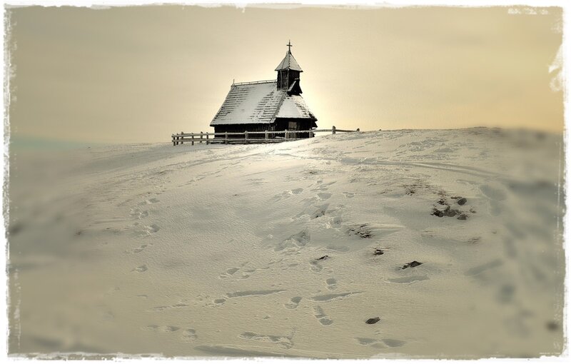 Wooden Chapel in Snow — White, Serene, Winter