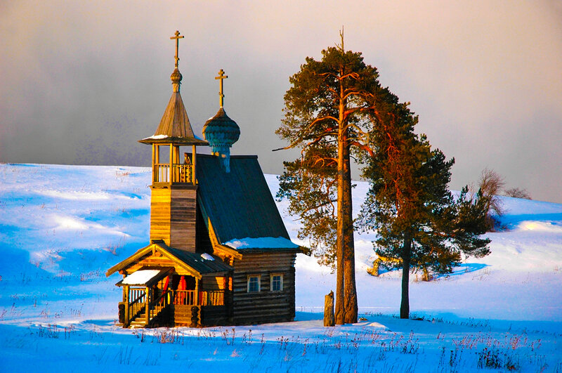 Wooden Chapel in Snow — White