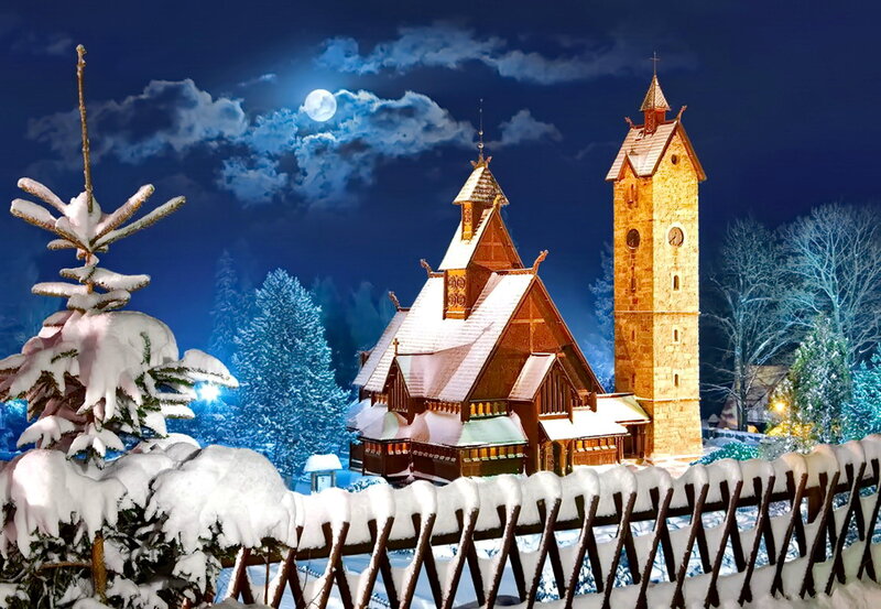 Wooden Church at Night