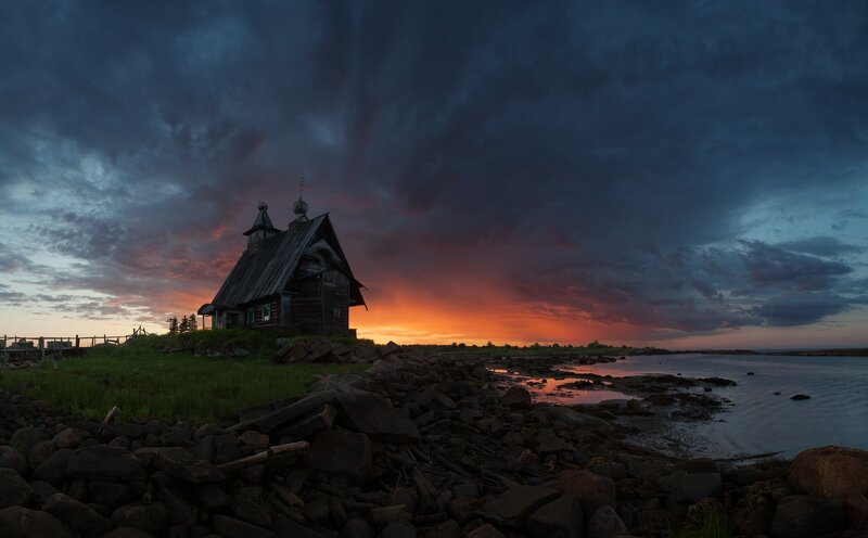 Wooden Church at Sunset — Orange, Dramatic