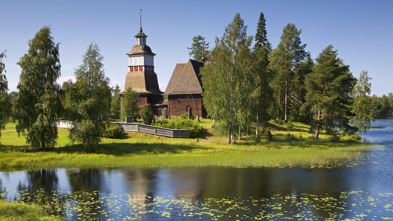 Wooden church by a lake