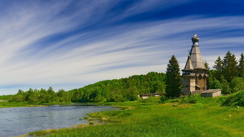 Wooden church by a river
