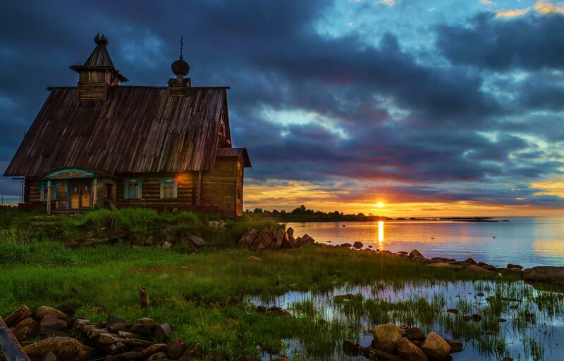 Wooden Church by Lake — Blue