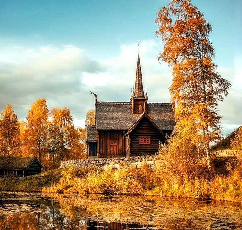 Wooden Church by Lake — Orange
