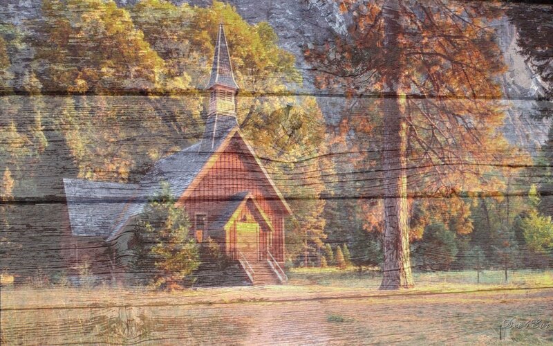 Wooden church in autumn forest