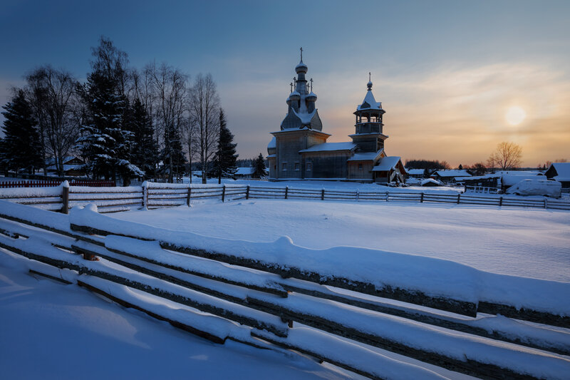 Wooden Church in Snow — Blue, Serene, Winter