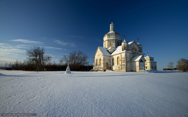 Wooden Church in Snow — White, Serene, Winter, Photograph, Trees