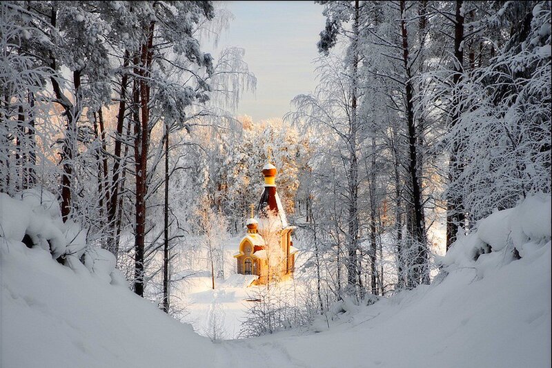 Wooden Church in Snow — White, Serene, Winter