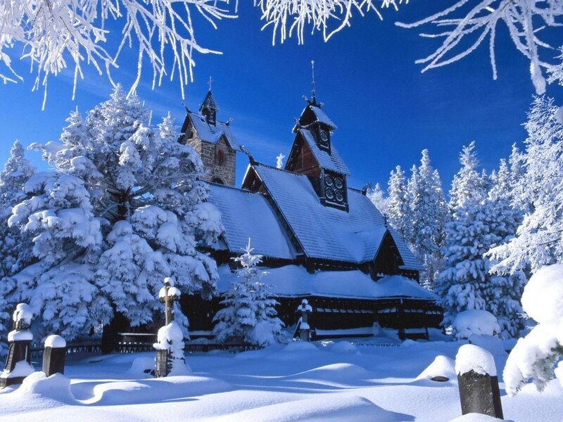 Wooden Church in Snow — White