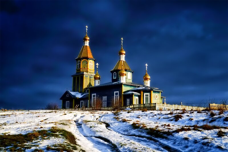 Wooden Church on Hill — Blue, Dramatic