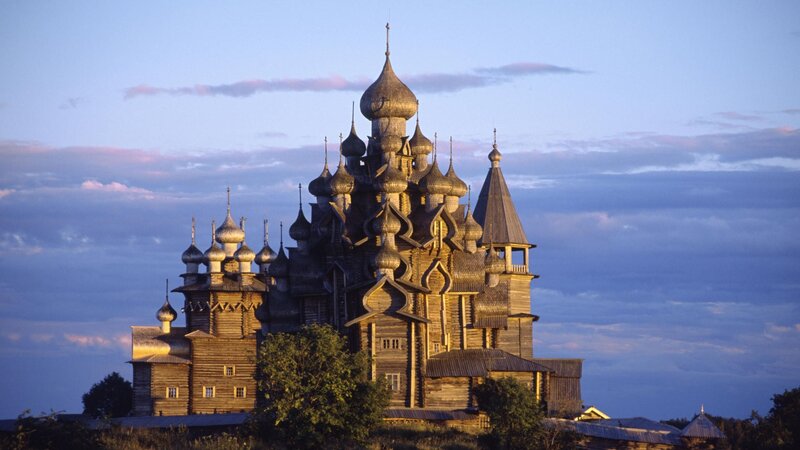 Wooden Church with Domes — Blue, Serene, Sunset, Photograph, Dome, Tree, Sky
