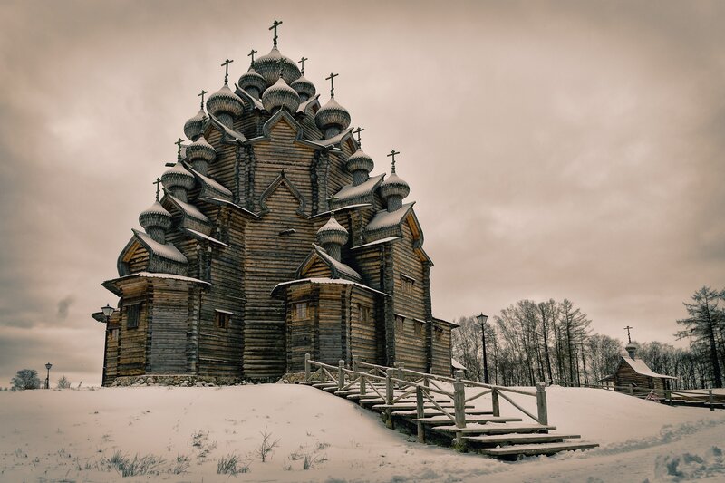 Wooden Church with Domes — Brown, Dramatic