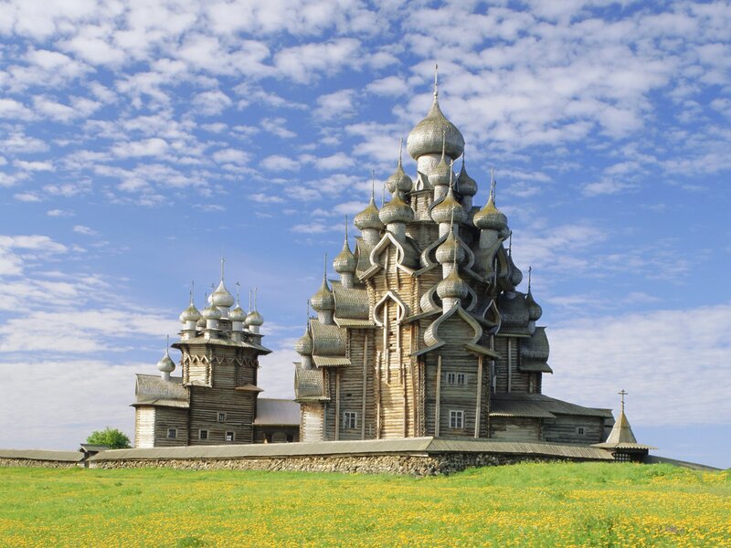 Wooden church with onion domes