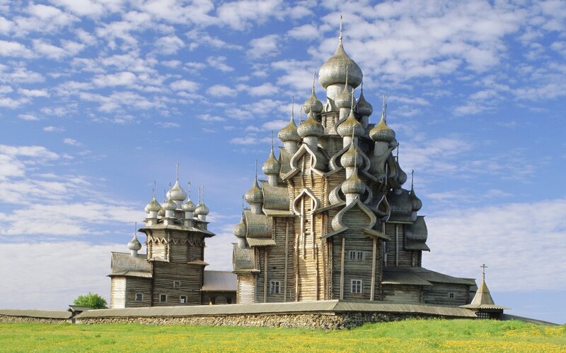 Wooden church with onion domes