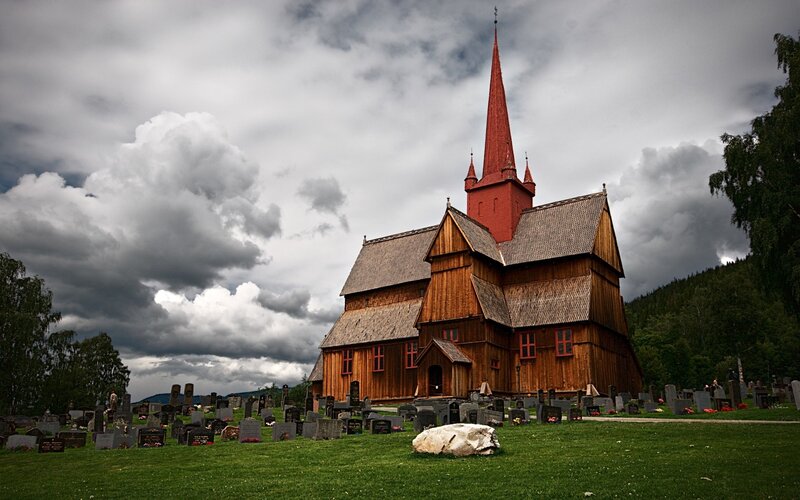 Wooden church with red steeple