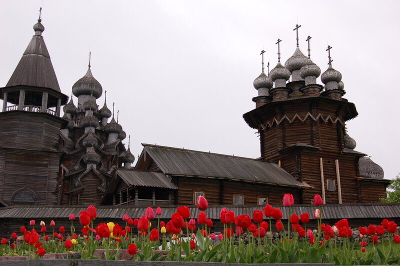 Wooden Church with Tulips — Red