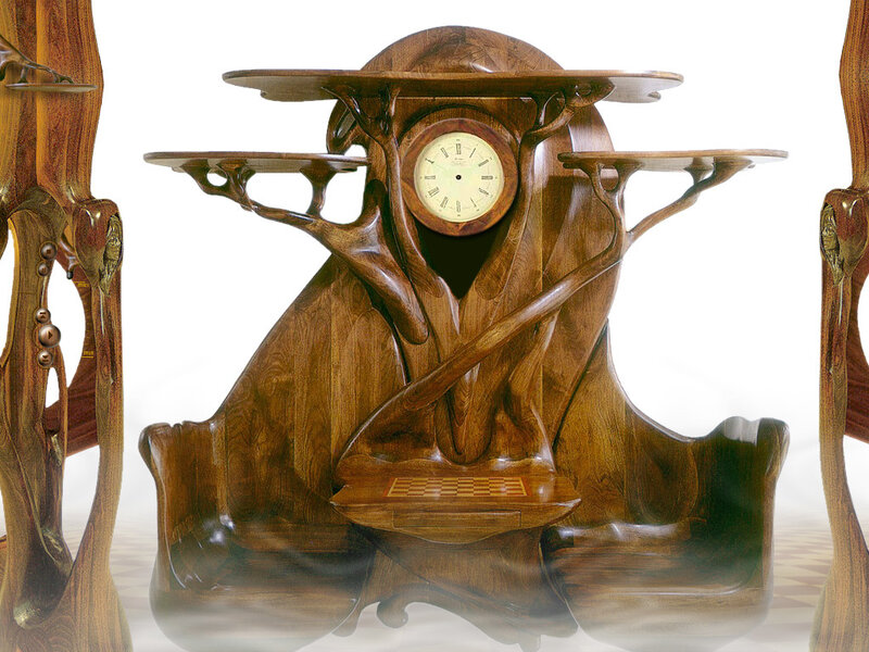 wooden clock sculpture