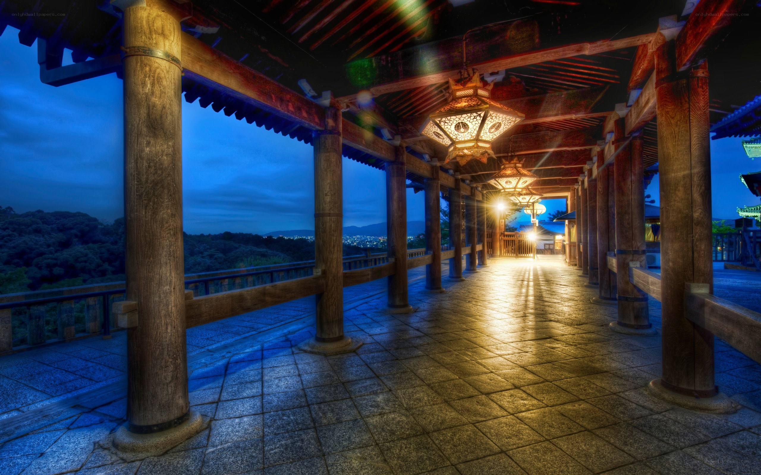 wooden corridor at dusk
