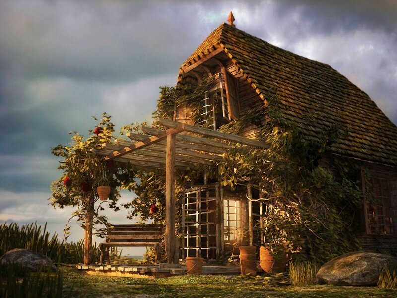 Wooden Cottage with Vines